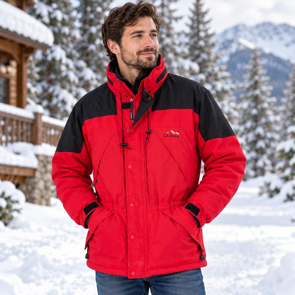 LL Bean Outdoors Mens Medium Red Black Colorblock Thinsulate Parka OP928